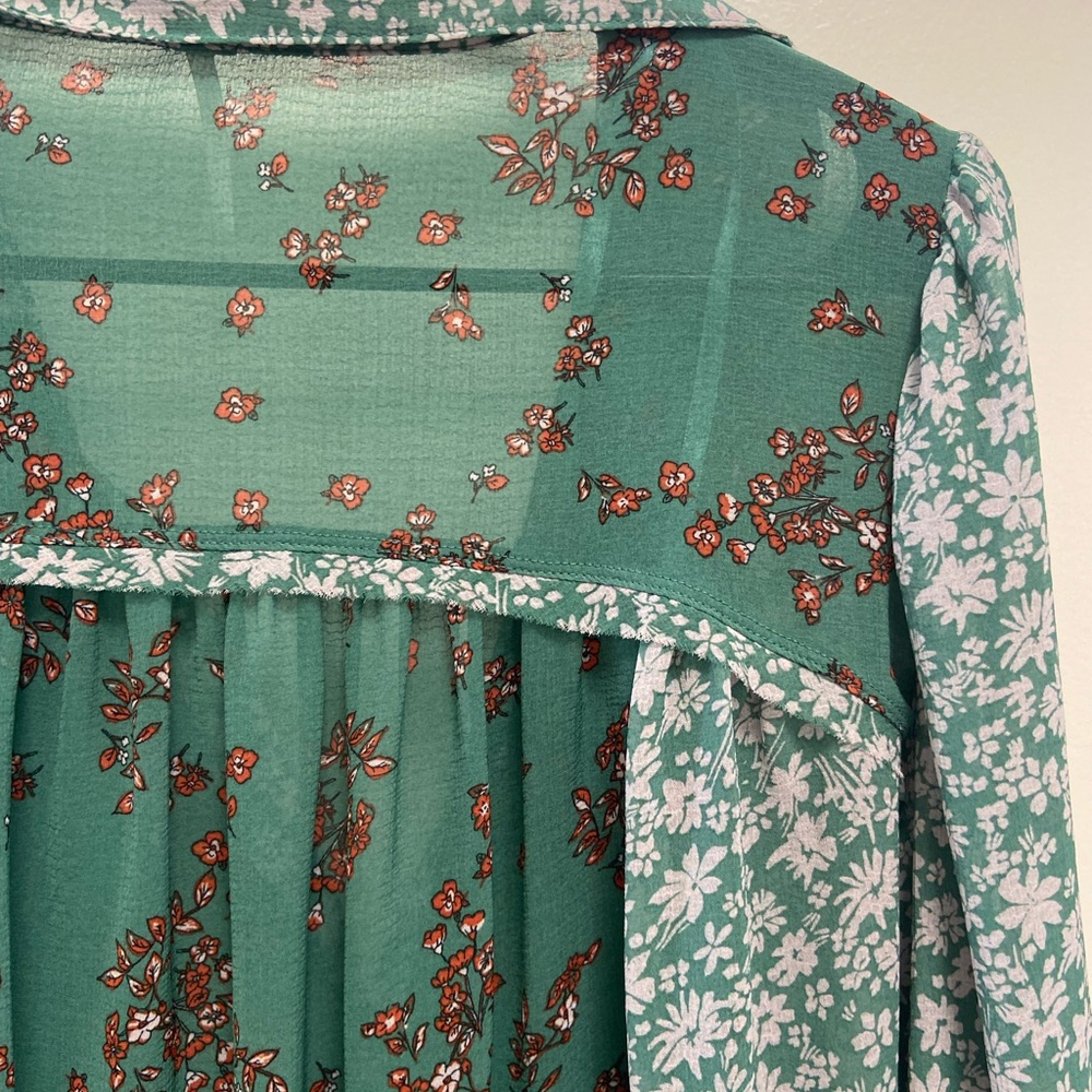 Free People Teal Green Mixed-Print Floral Button Blouse - Picture 3 of 5